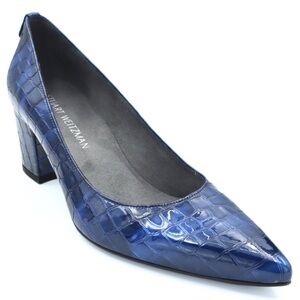 Stuart Weitzman Women’s Pumps Size 8.5 Blue Croc Embossed Patent Block Heel